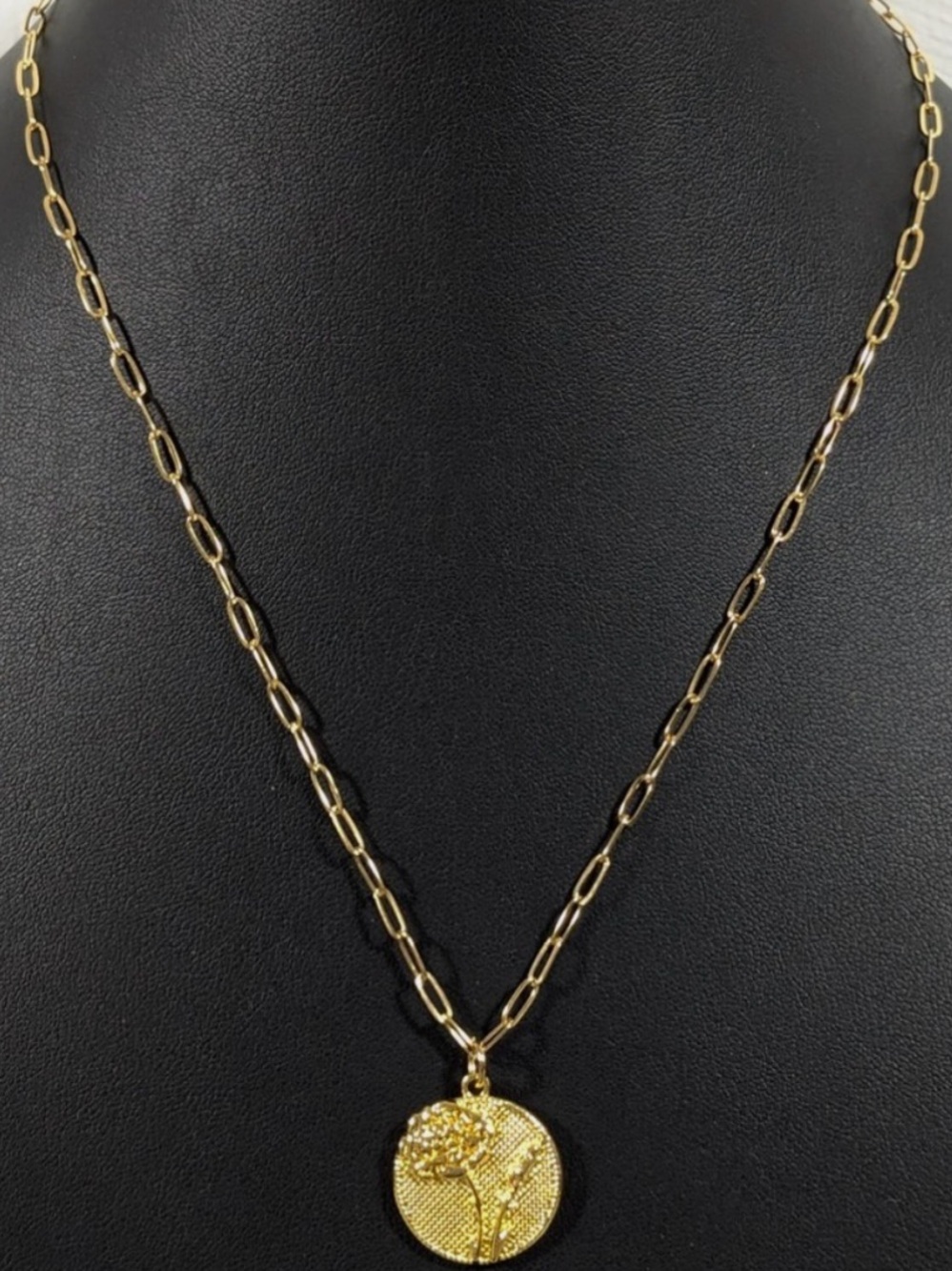Plunder Gold Tone Stainless Steel Floral  Pendant Necklace with Raised Flower.